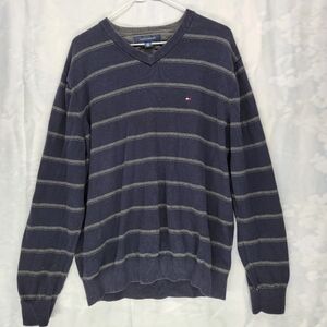 📦2/$18📦Tommy Hilfiger Blue V-Neck Long Sleeve Cotton Gray Stripe - Men's Large